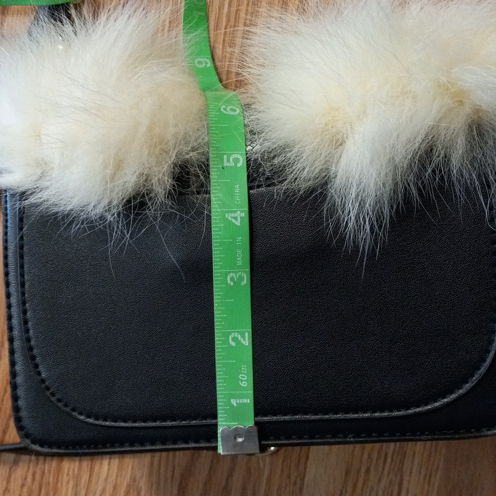 Faux Fur Gold Chain Shoulder Bag - Cream and Black, Gold Designed Buckle - Picture 6 of 9